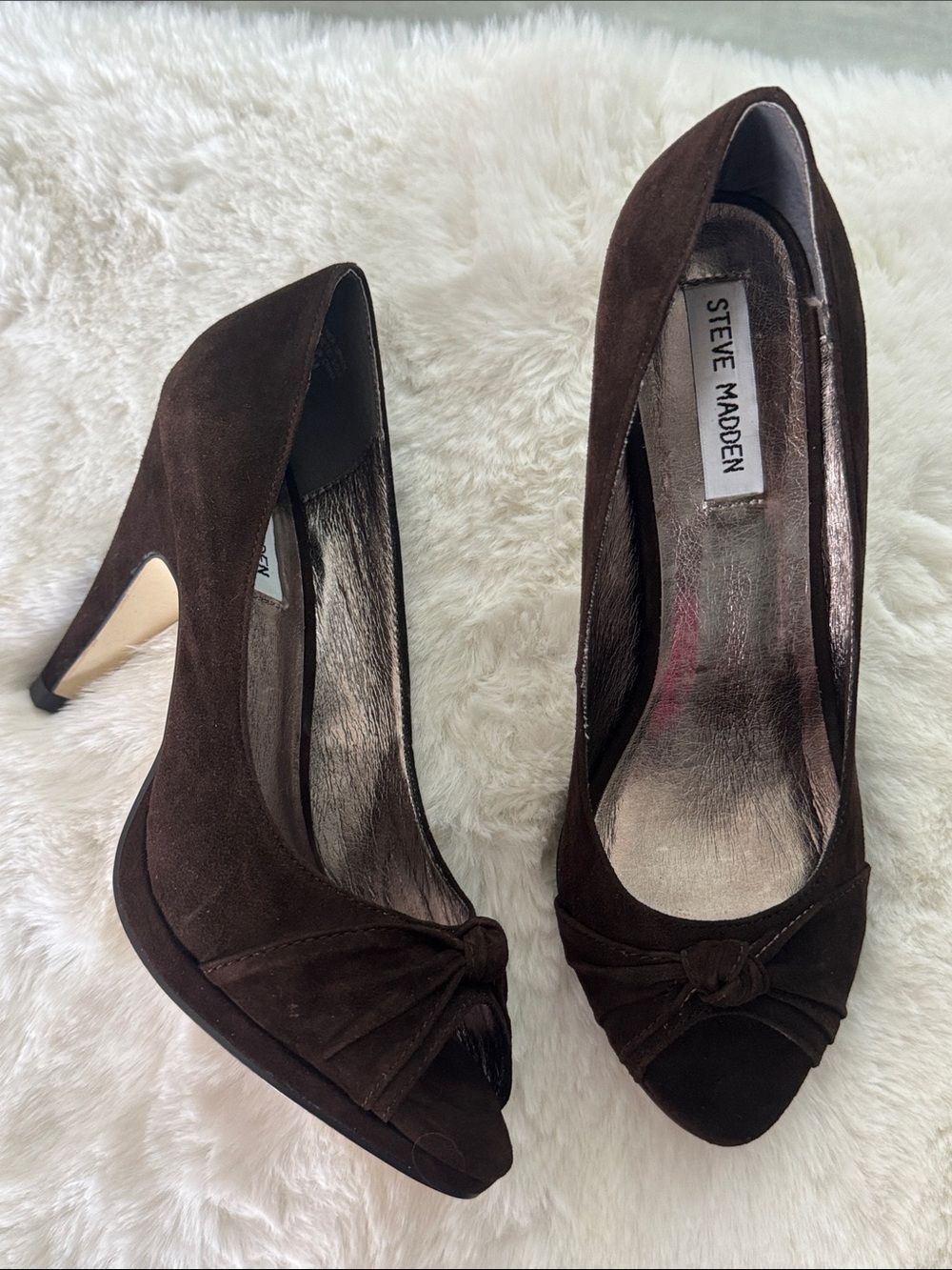 New Steve Madden Dark Brown Suede Knotted Peep-Toe Heels Pumps Sz 8